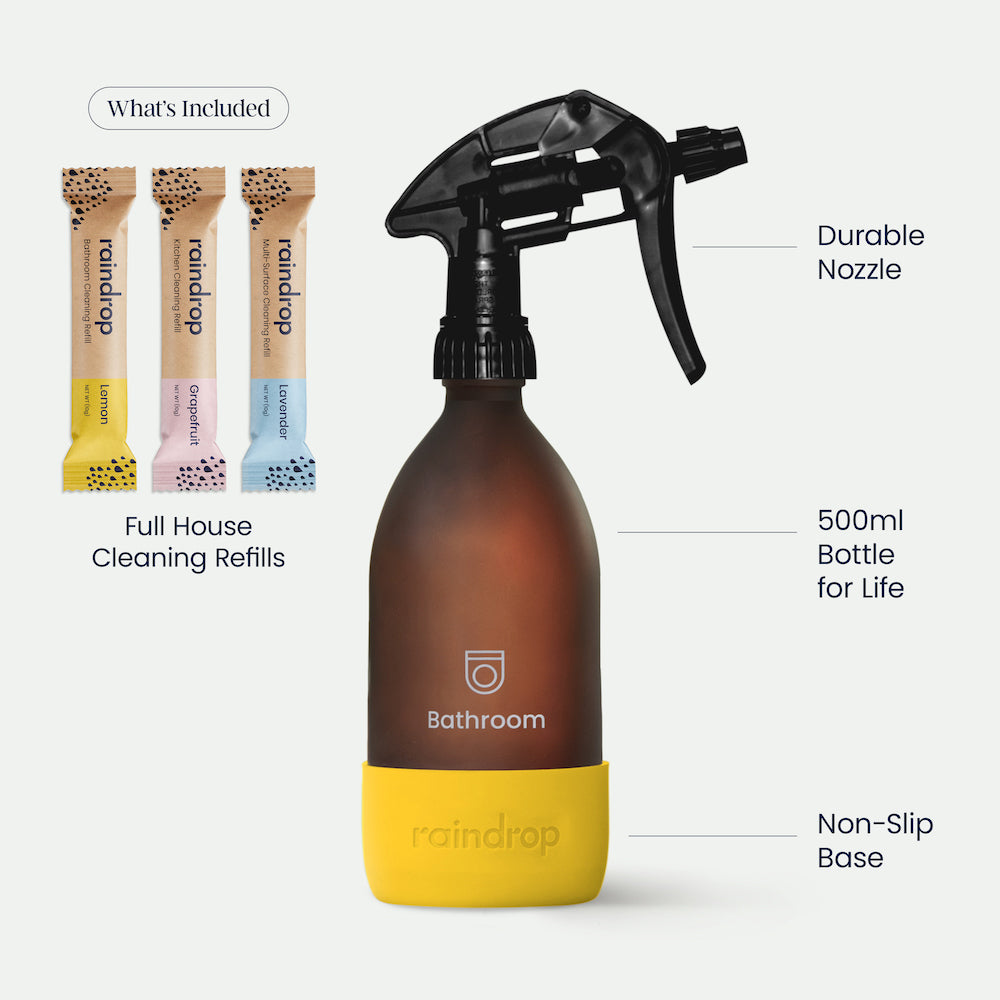 A graphic showing the durable nozzle and non-slip base of Raindrop's bathroom cleaner