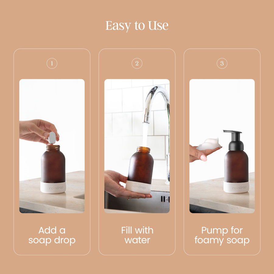 How to use Raindrop: put a soap drop in the bottle and fill the foaming soap dispenser with warm water