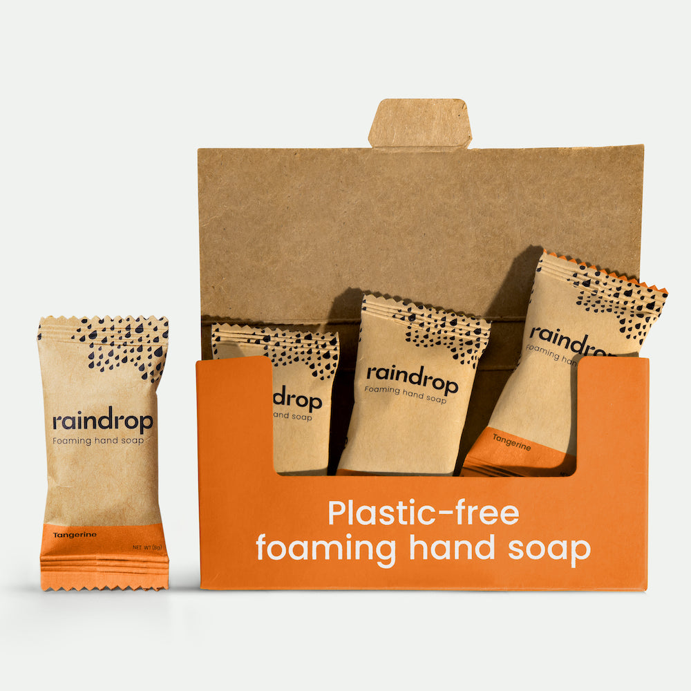 Plastic free foaming soap refill tablets in an orange box