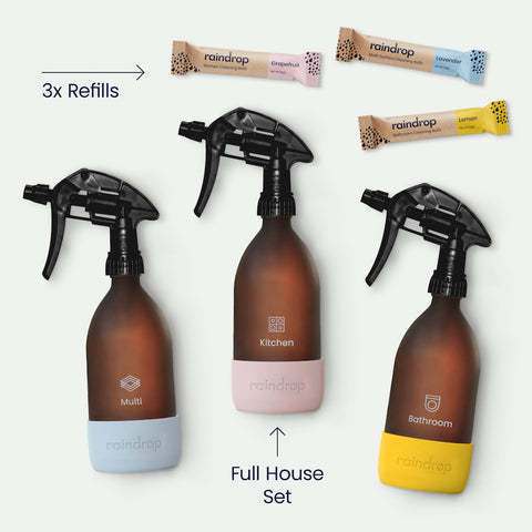 What you get in a pack - 3 plastic-free cleaning refills and 3 spray bottles