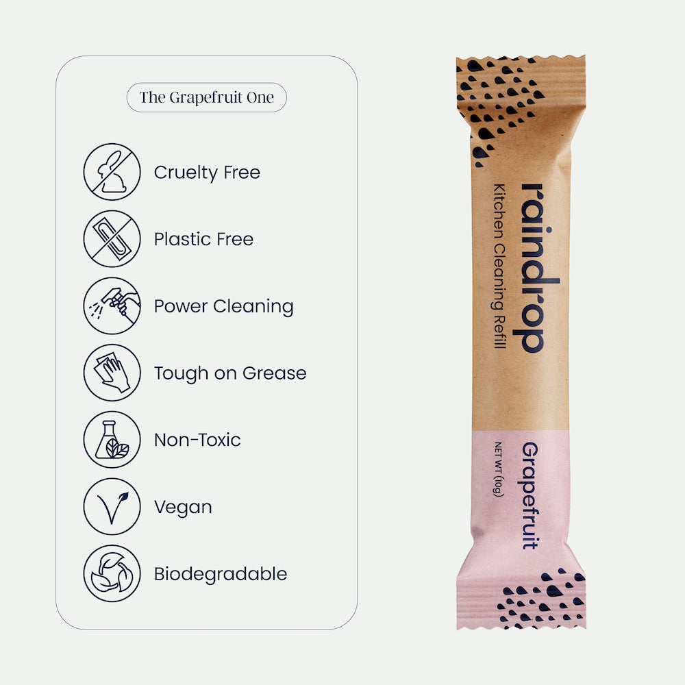 The benefits of Raindrop's plastic-free kitchen cleaner: cruelty-free, plastic-free, non-toxic