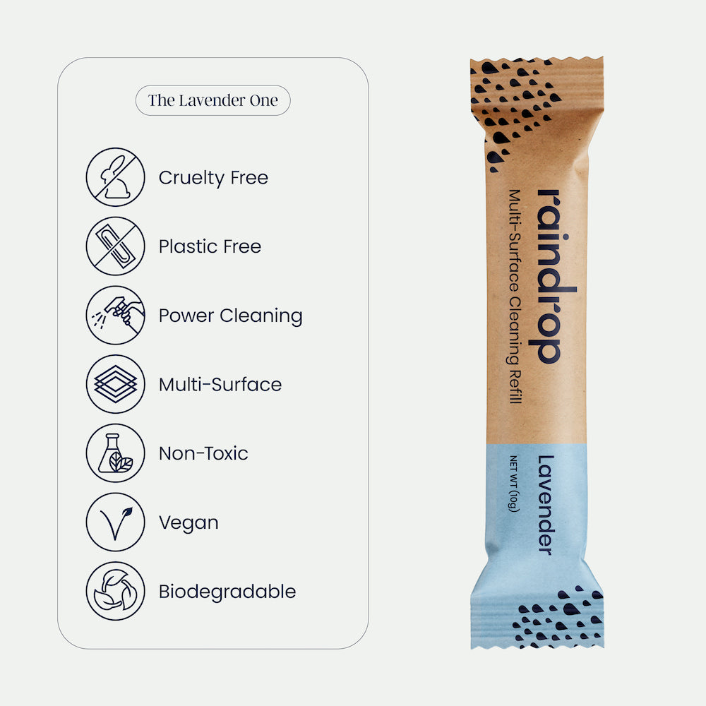 The benefits of Raindrop's multi-surface cleaning refill: cruelty-free, plastic-free, non-toxic and no palm oil